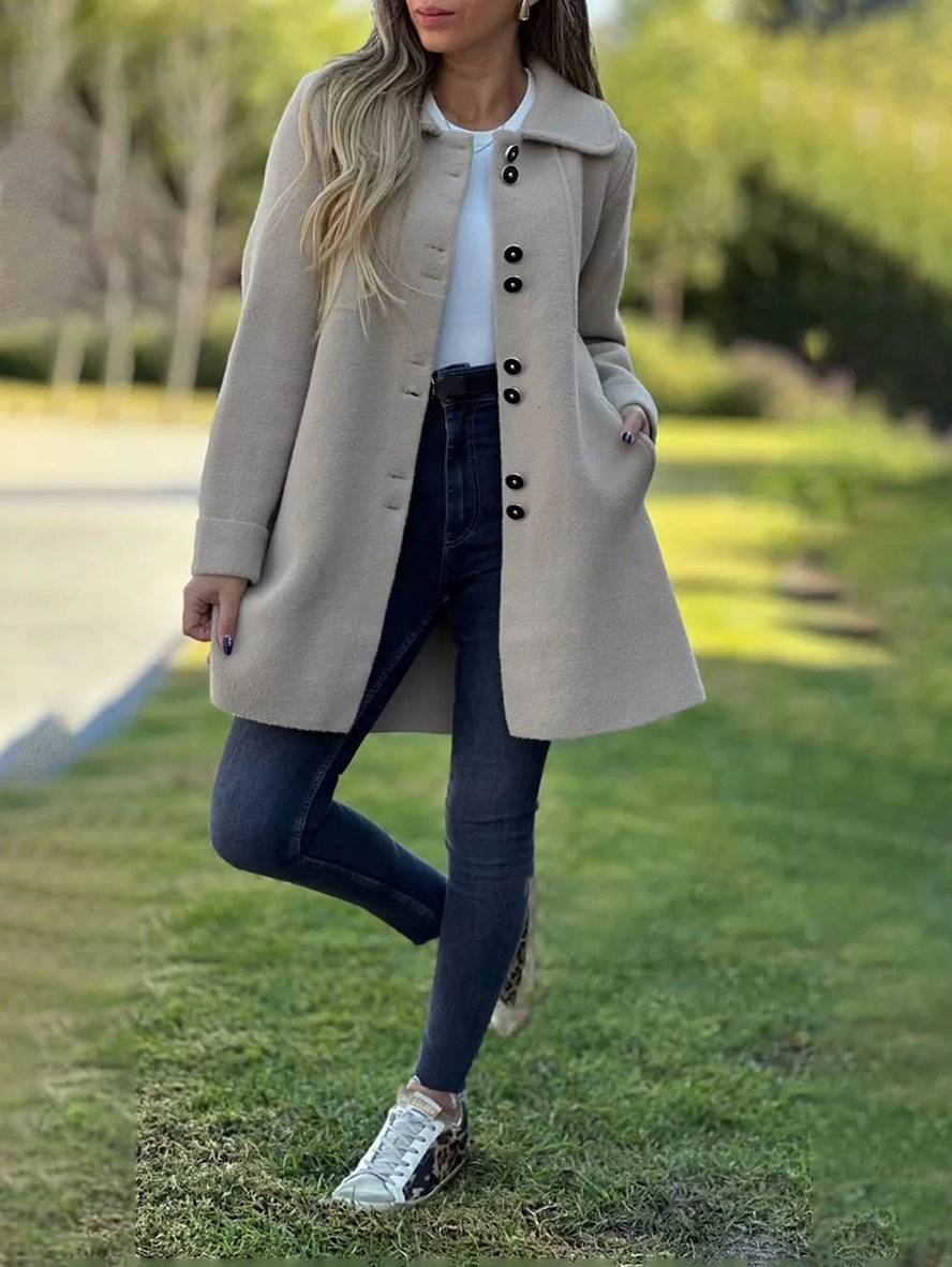 Manteau élégant pour femme, coloris uni avec boutons, poches et col à revers