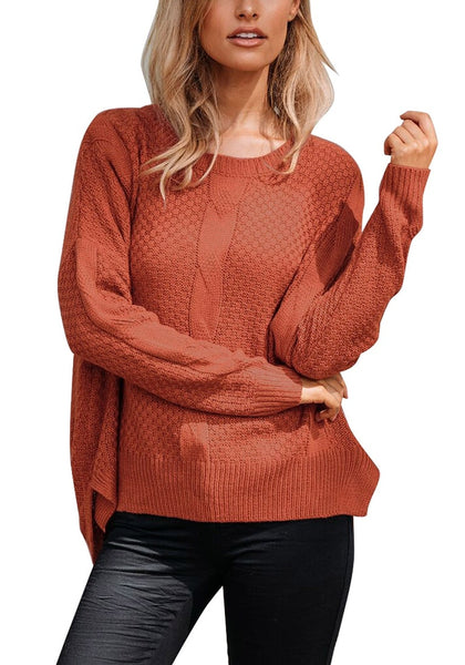 Pull Texturé Rouge Brique avec Fentes Latérales pour Femme