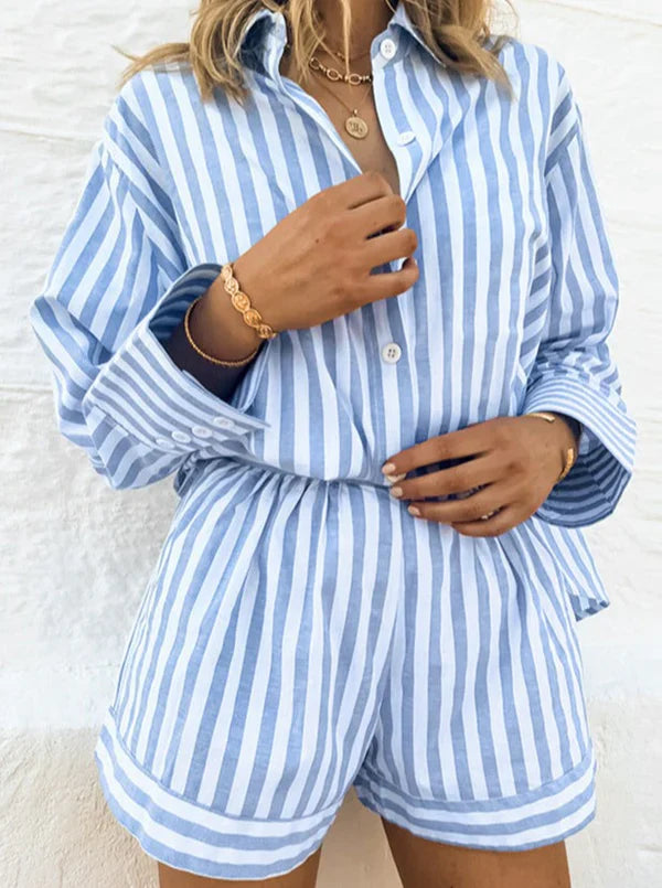 Marga - Blue Two Piece Striped Casual Long Sleeve Shirt Shorts Set