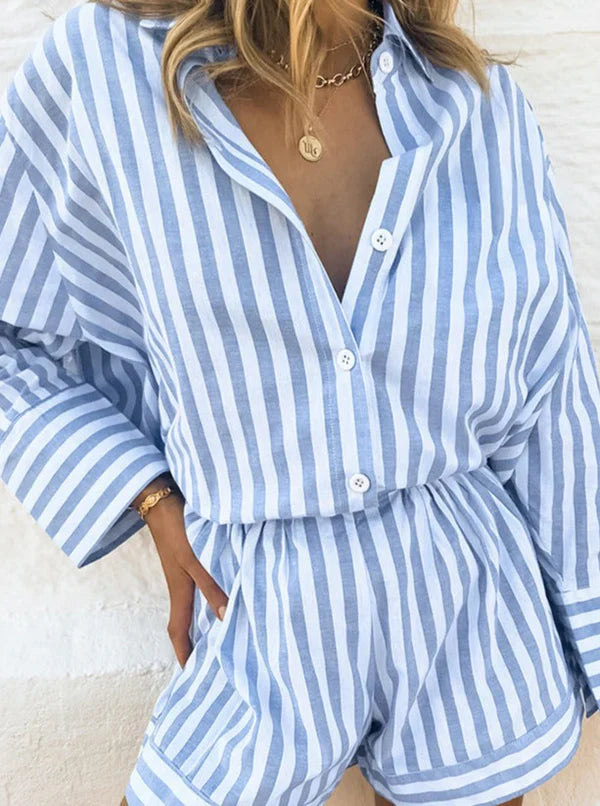 Marga - Blue Two Piece Striped Casual Long Sleeve Shirt Shorts Set