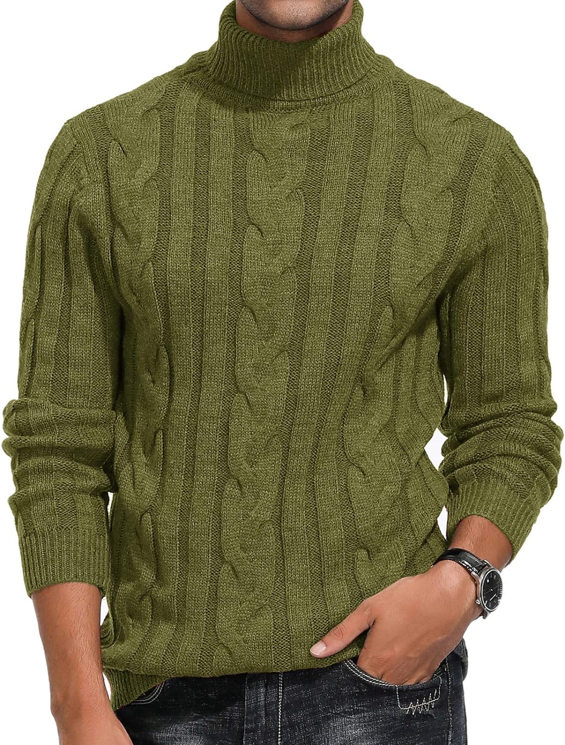 Pull col roulé pour homme à torsades et manches longues