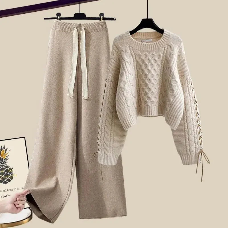 Ensemble de deux pièces pour femme, pull et pantalon large, confortable et chaud