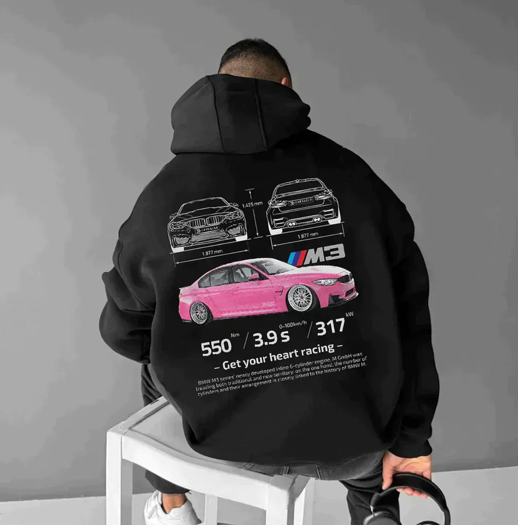 Pull à capuche tendance pour hommes avec motif de voiture, parfait pour un regarder urbain