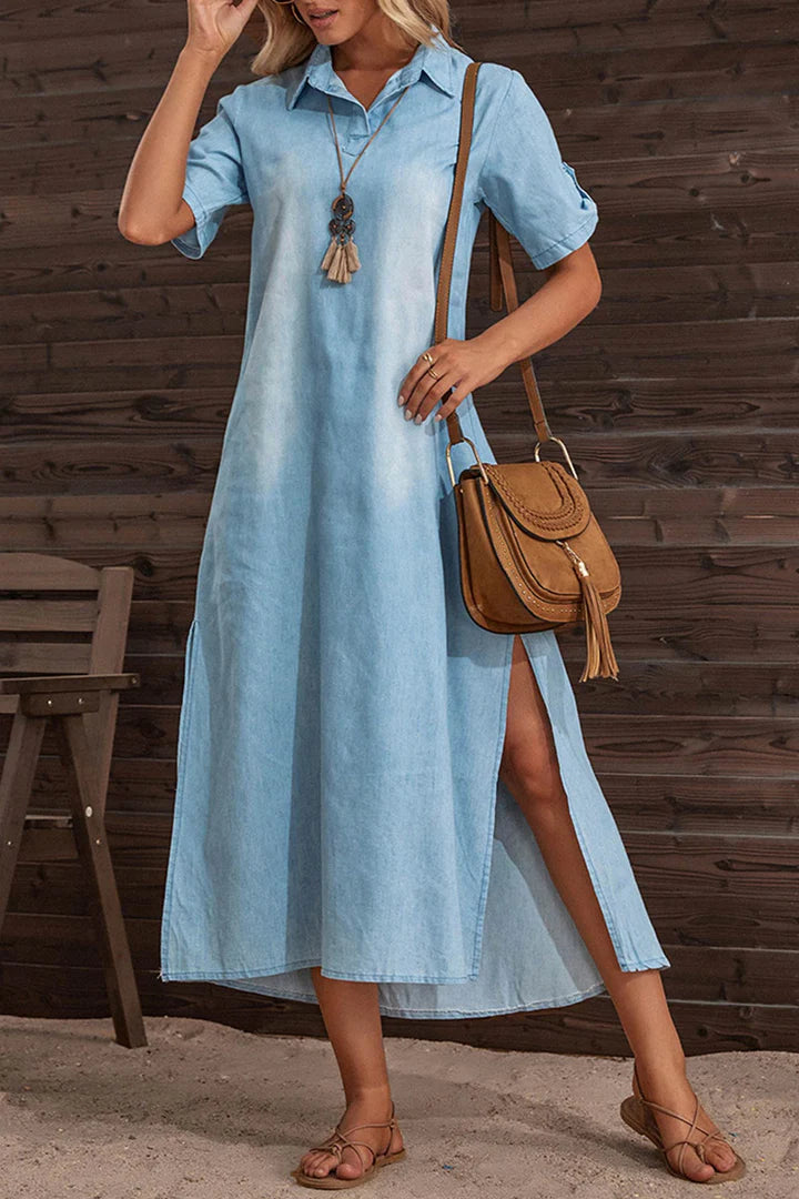 Pam - Robe en denim à manches courtes avec revers et fente latérale