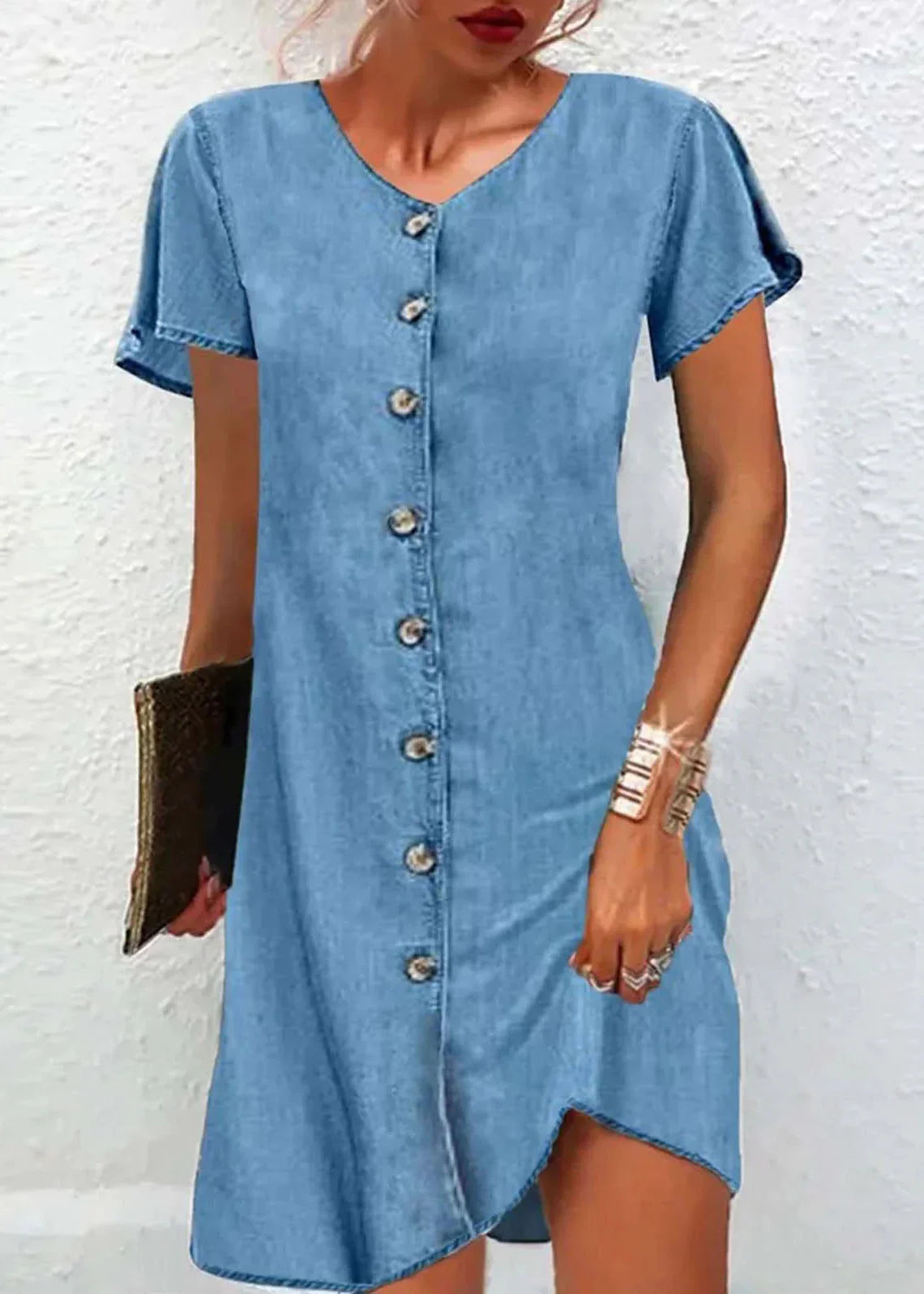 Ruth - robe en denim à manches courtes, col en V, boutons, patchwork, bleu simple