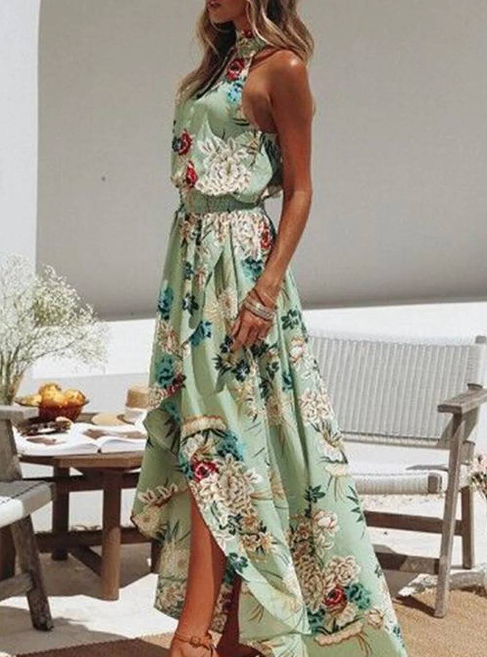 Karla - Robe verte à imprimé floral et col rond à la mode