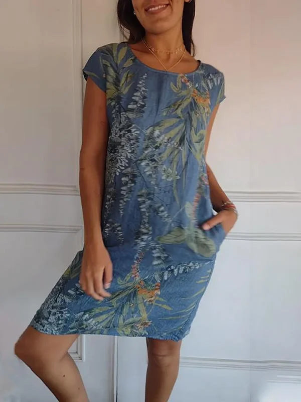 Robe imprimée en coton et lin pour femme avec col rond