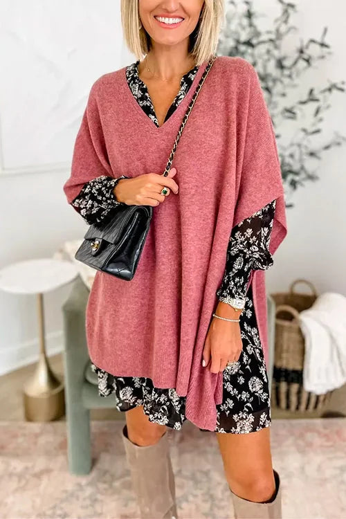 Jessica - Pull poncho uni avec encolure en V, coupe ample et élégante