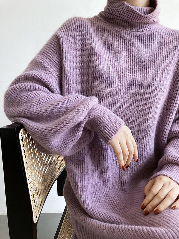 Robe Pull Violet à Col Montant et Manches Bouffantes Longues - Élégance Décontractée pour Toutes Occasions