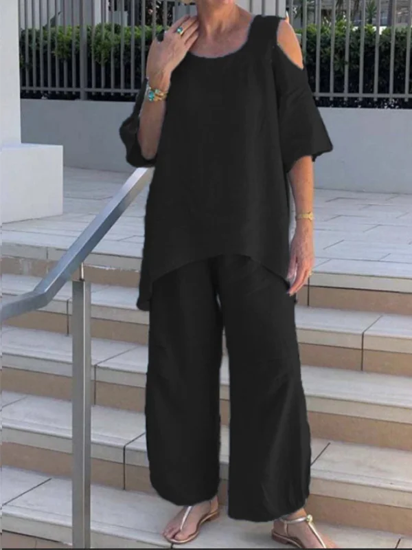 Ensemble Pantalon à Manches Courtes en Coton lin à col Rond Pour Femmes Andrea