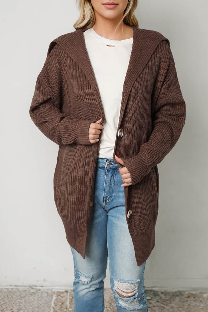 Cardigan Tricot Épais Marron avec Col à Revers et Fermeture Boutonnée - Parfait pour l'Hiver