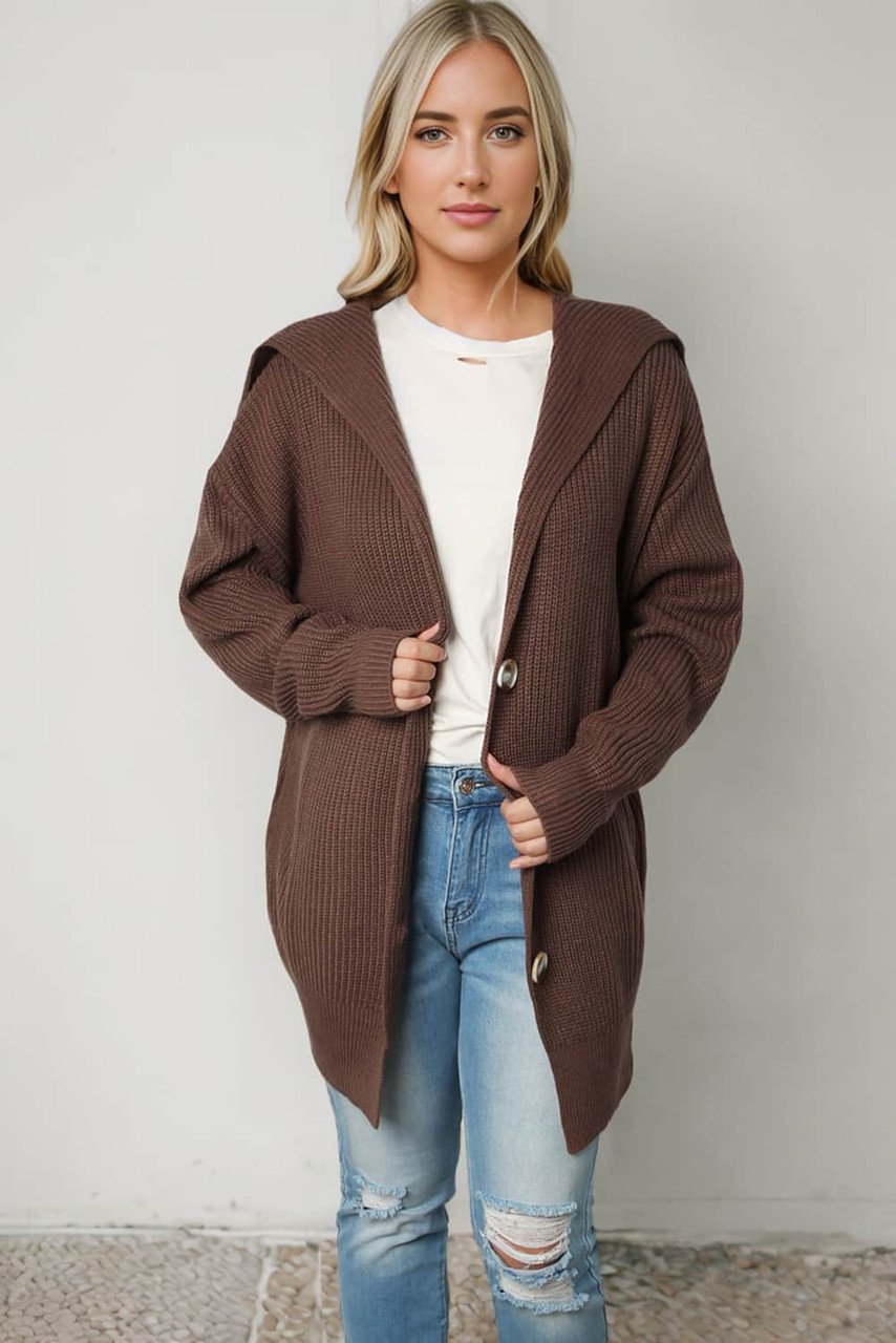 Cardigan Tricot Épais Marron avec Col à Revers et Fermeture Boutonnée - Parfait pour l'Hiver