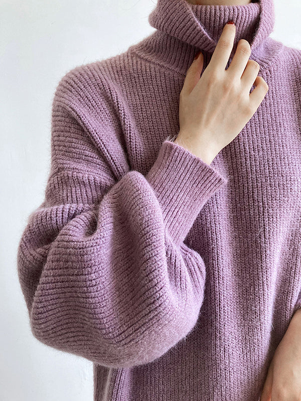 Robe Pull Violet à Col Montant et Manches Bouffantes Longues - Élégance Décontractée pour Toutes Occasions