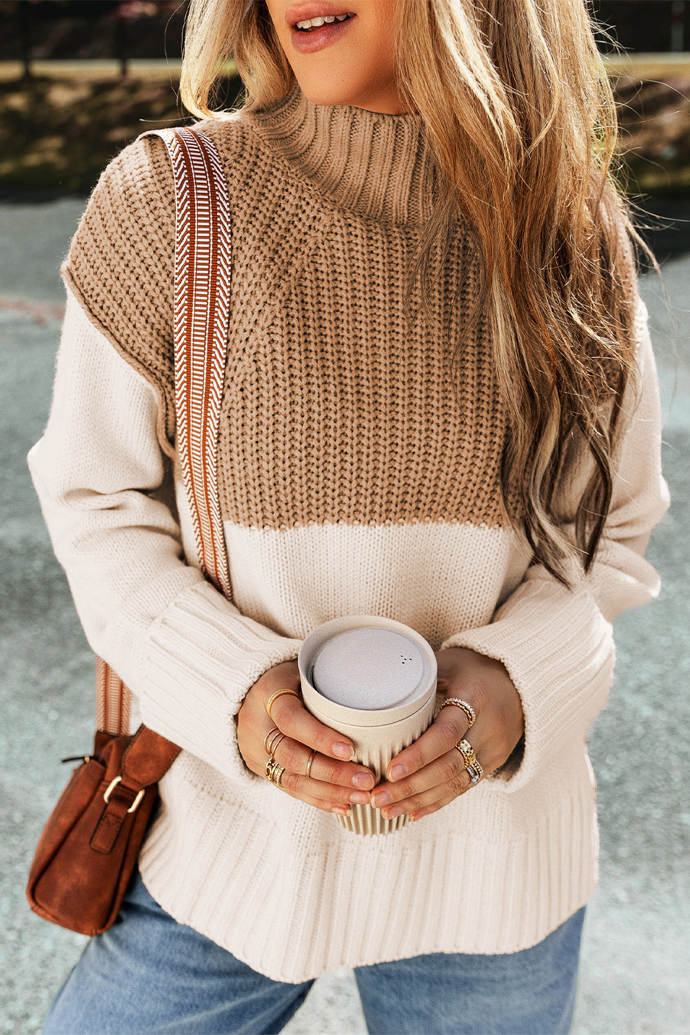 Pull Femme à Bloc de Couleurs avec Fente et Col Montant Chic