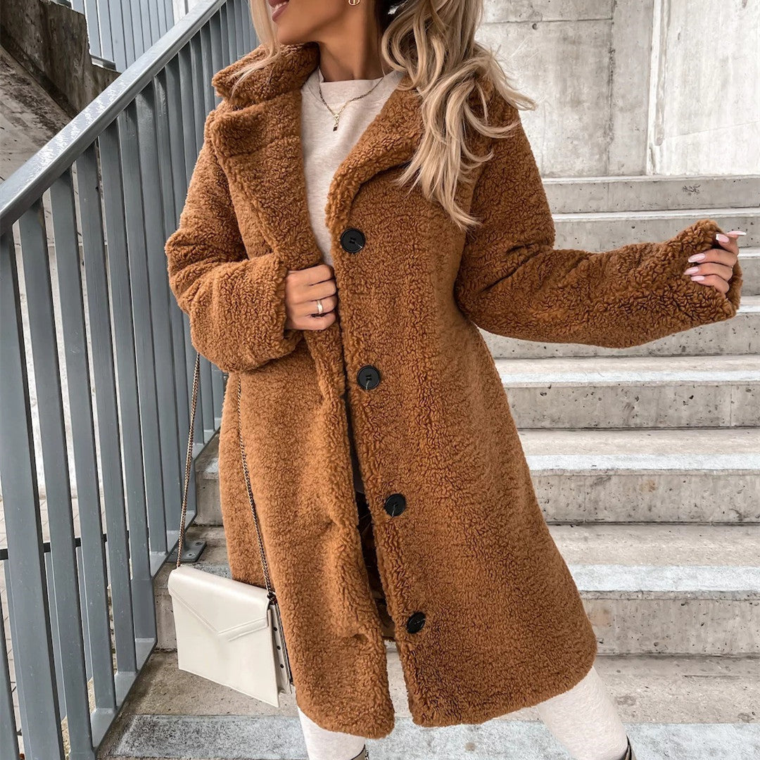 Veste Femme en Peluche à Manches Longues et Col à Revers – Manteau Doux pour l'Hiver