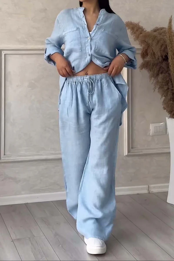 Claudia - Ensemble deux pièces pantalon en coton et lin de couleur unie décontractée