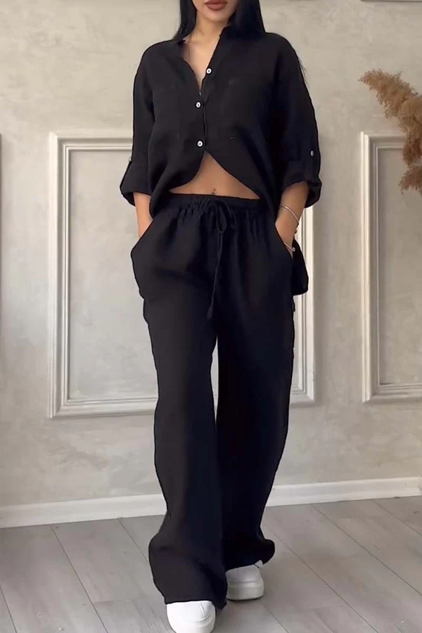 Claudia - Ensemble deux pièces pantalon en coton et lin de couleur unie décontractée