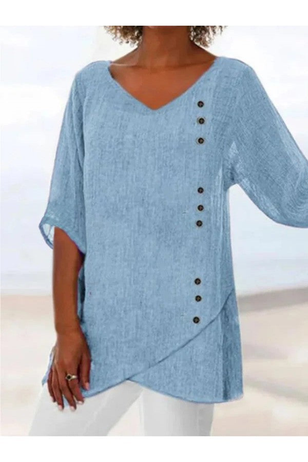 Camila - Casual Blue Blouse V-Neck Half Solid Sleeve with Buttons