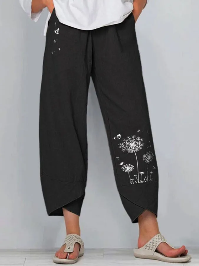 Esmeralda - Pantalon ample à jambes larges en lin et coton imprimé pissenlit pour femme