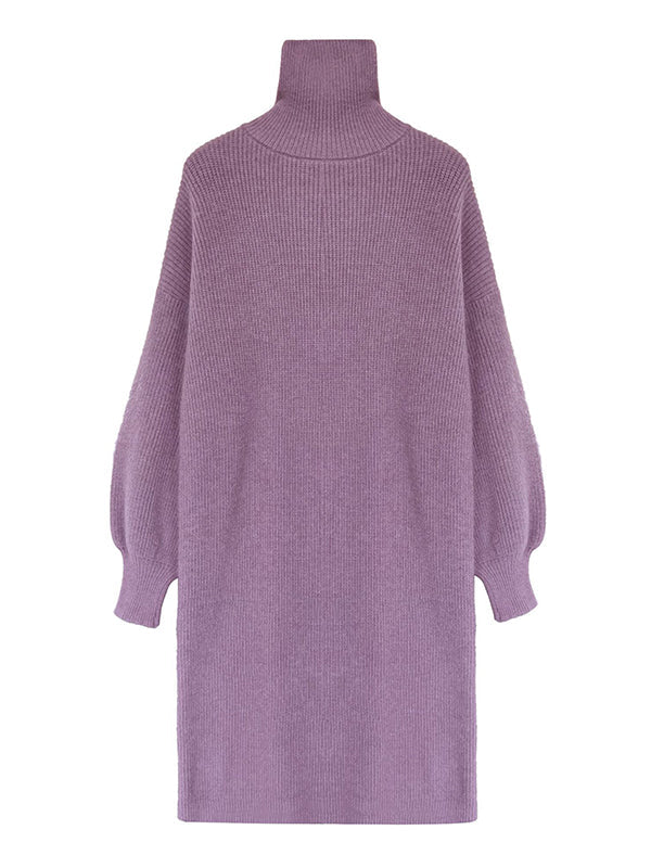 Robe Pull Violet à Col Montant et Manches Bouffantes Longues - Élégance Décontractée pour Toutes Occasions