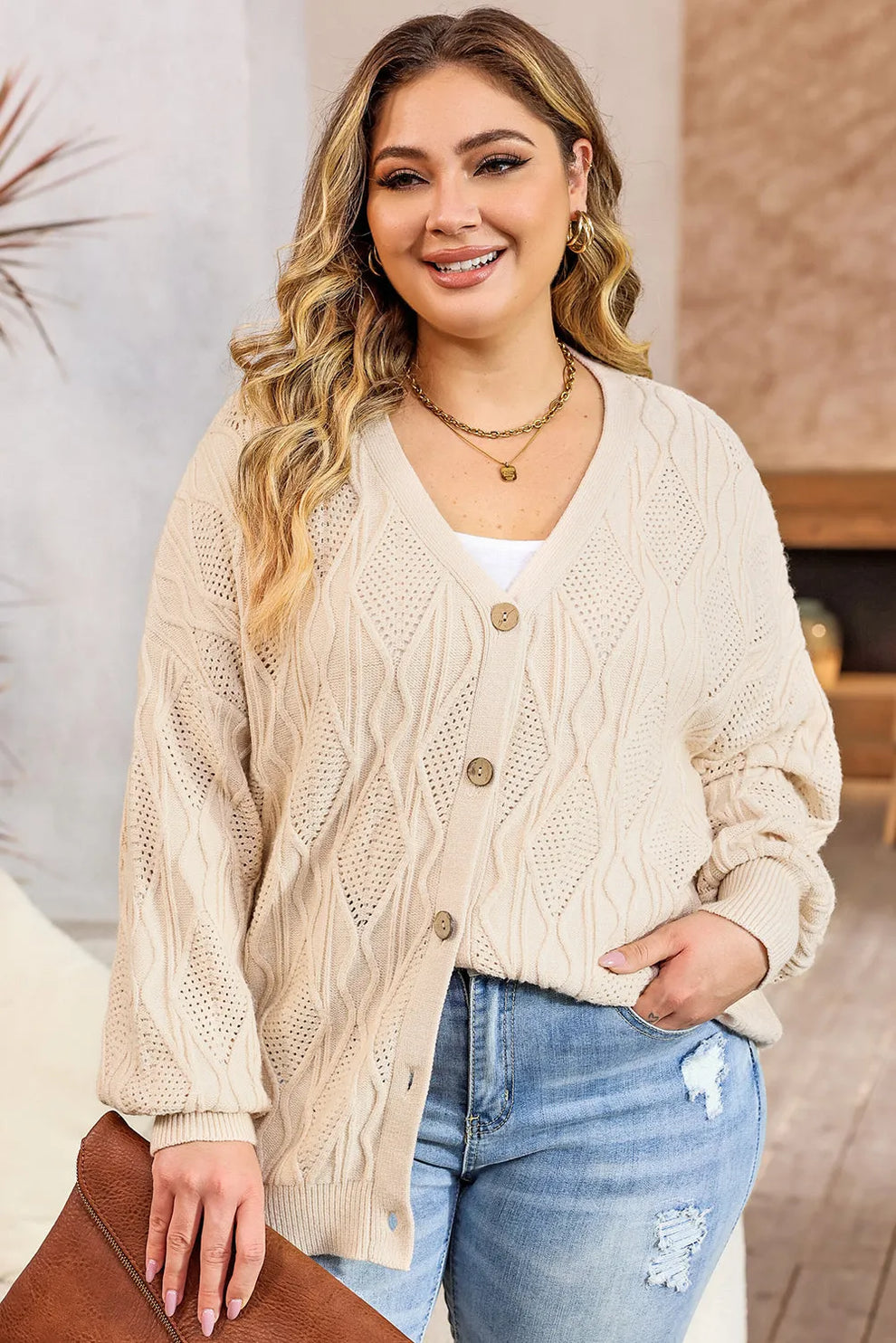 Cardigan Tricoté Grande Taille en Mélange d'Abricot avec Détails Découpés et Boutons