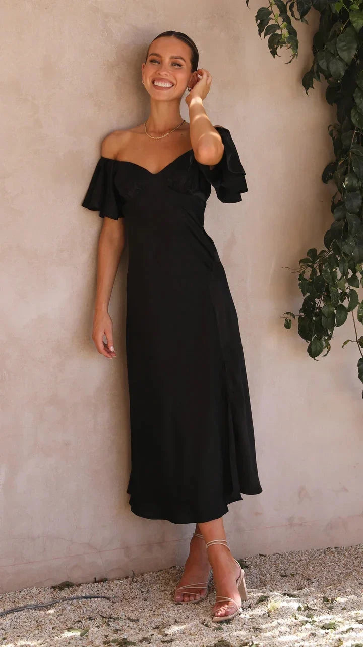 Victoria - Robe midi noire à épaules dénudées