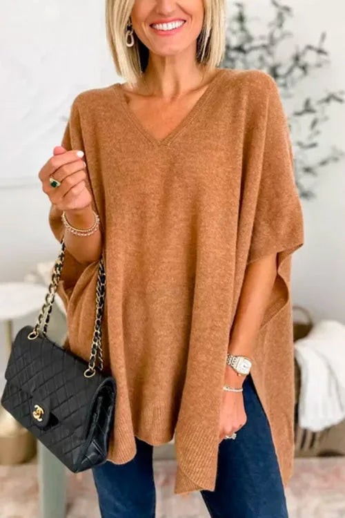 Jessica - Pull poncho uni avec encolure en V, coupe ample et élégante