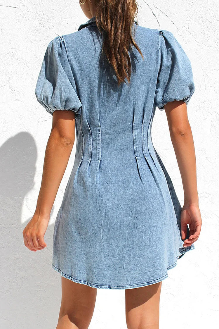 Paula - Robes en denim régulières à manches courtes et col rabattu avec fermeture éclair unie et douce et élégante