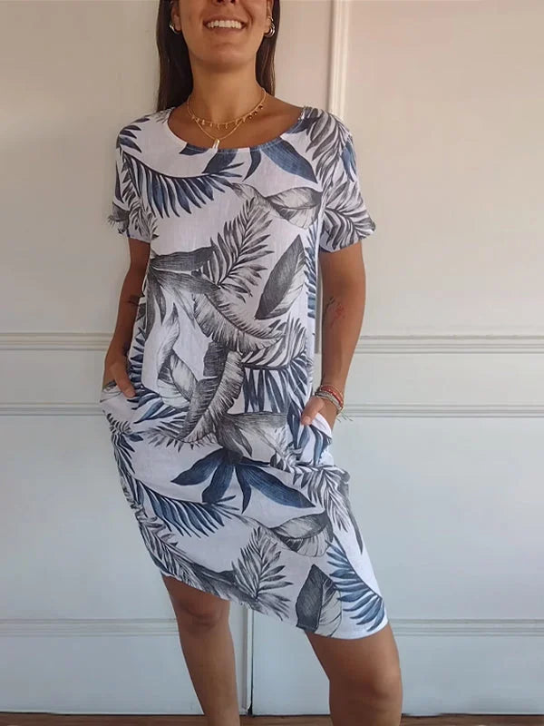 Robe imprimée en coton et lin pour femme avec col rond