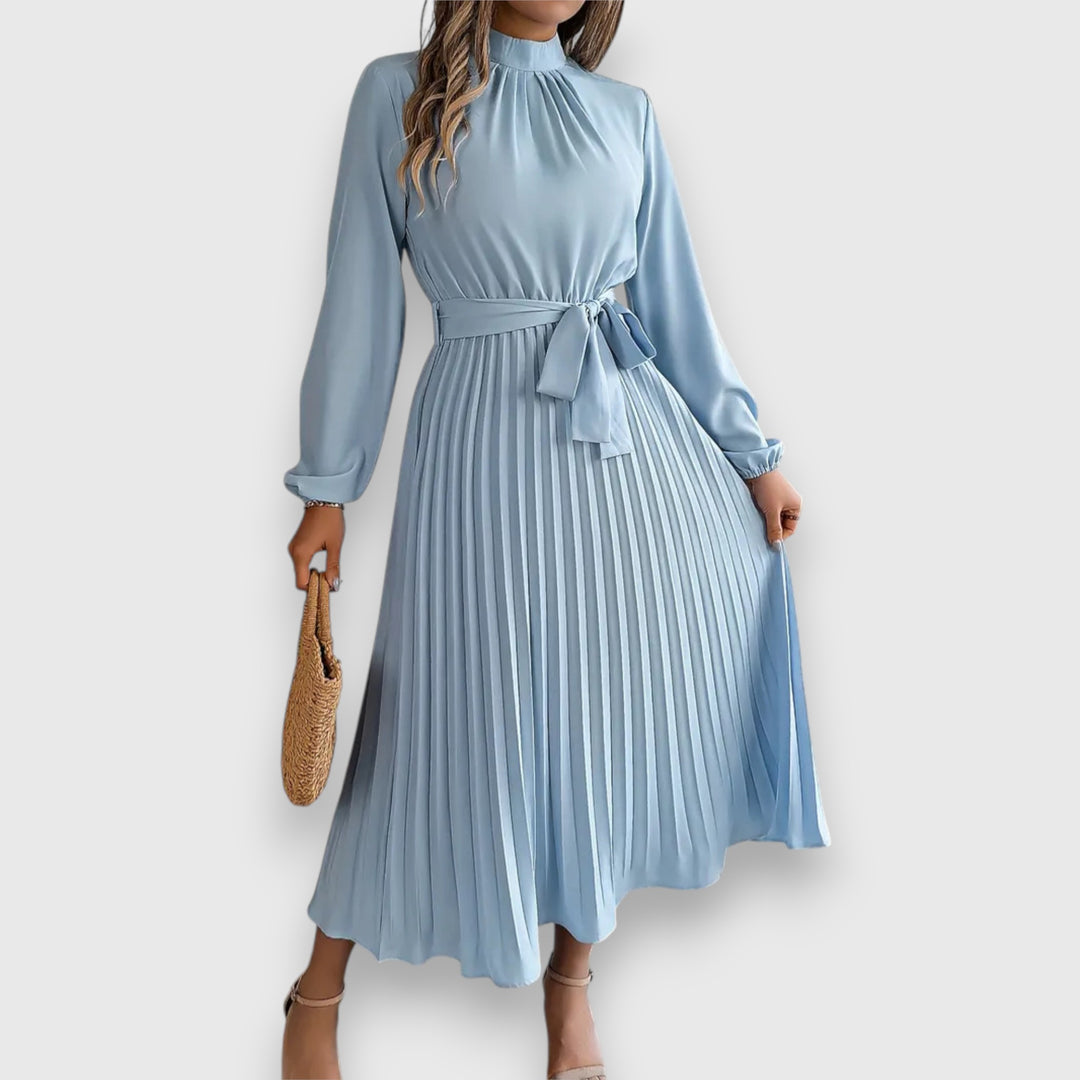 Robe midi décontractée avec jupe plissée ceinture et manches longues