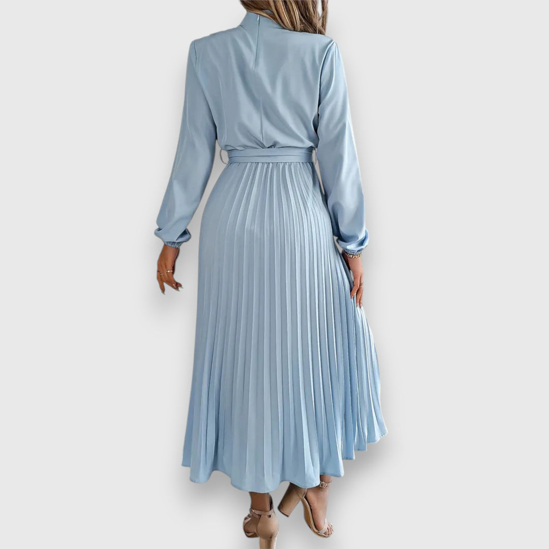 Robe midi décontractée avec jupe plissée ceinture et manches longues