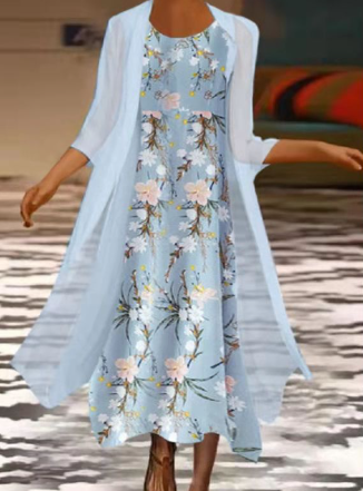 Maria - Robe longue décontractée deux pièces à encolure ronde et imprimé floral en bleu ciel