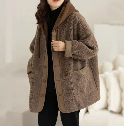 Manteau d'Hiver Douillet à Capuche avec Effet Deux Pièces et Cordon - Couleur Café