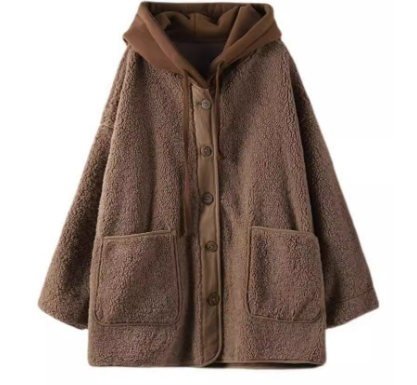 Manteau d'Hiver Douillet à Capuche avec Effet Deux Pièces et Cordon - Couleur Café