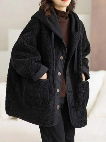 Manteau d'Hiver Douillet à Capuche avec Effet Deux Pièces et Cordon - Couleur Café