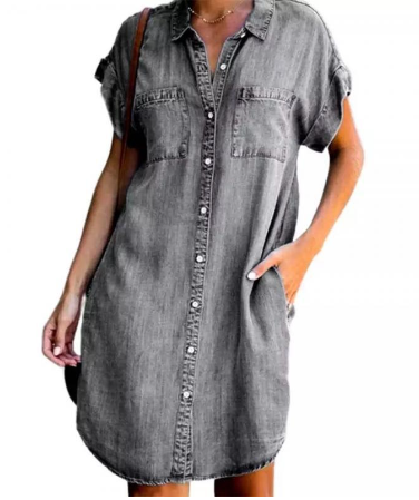 Evelyn - Mini-robe sans manches boutonnée sur le devant en denim délavé