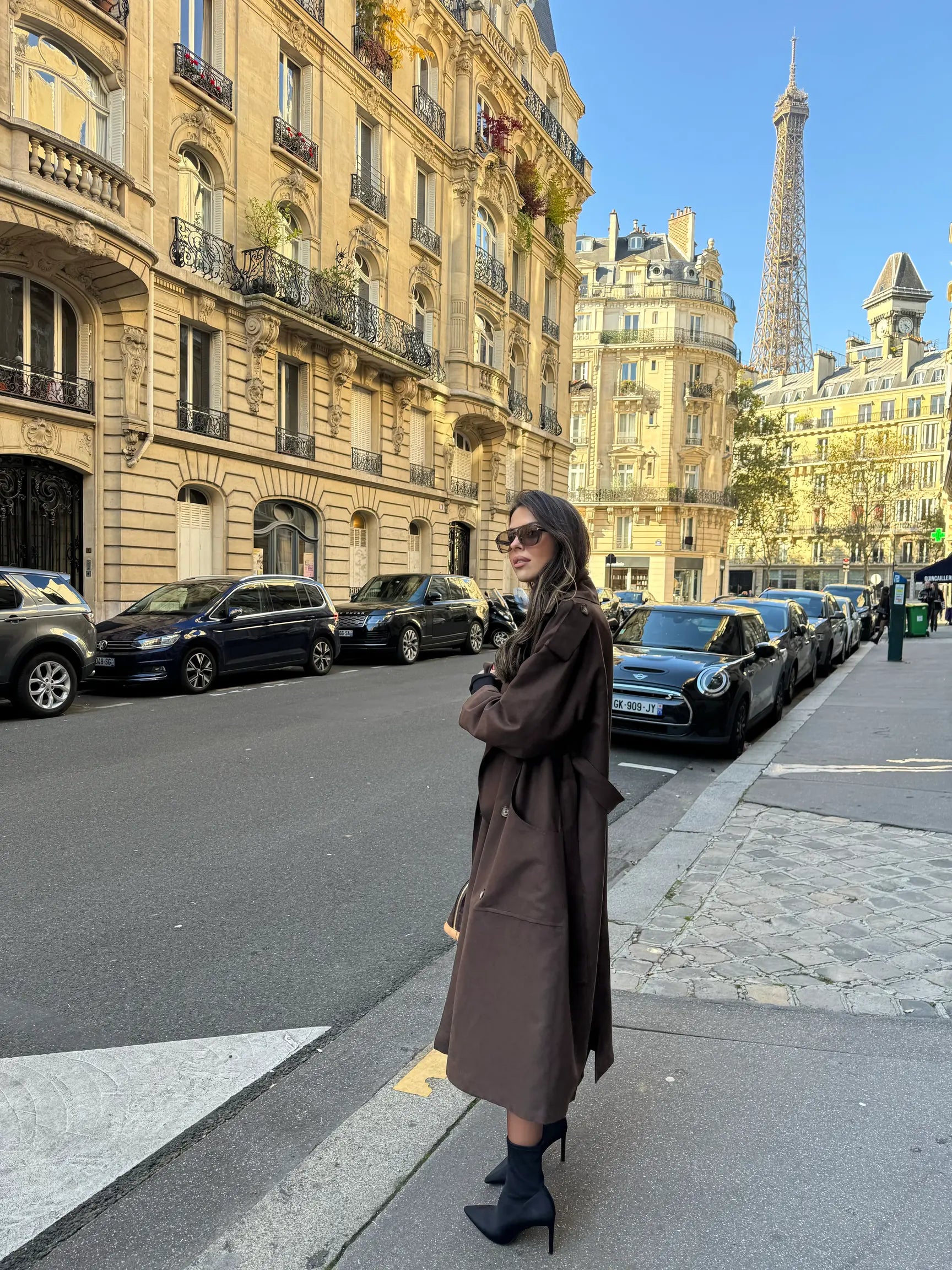 Trench-Coat Élégant Marron Amer avec Ceinture à la Taille pour Femme