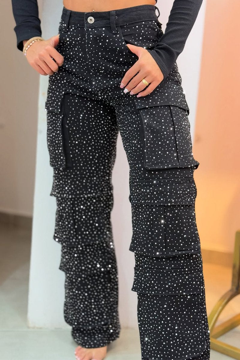 Pantalon pour femme avec plusieurs poches et décorations scintillantes en strass