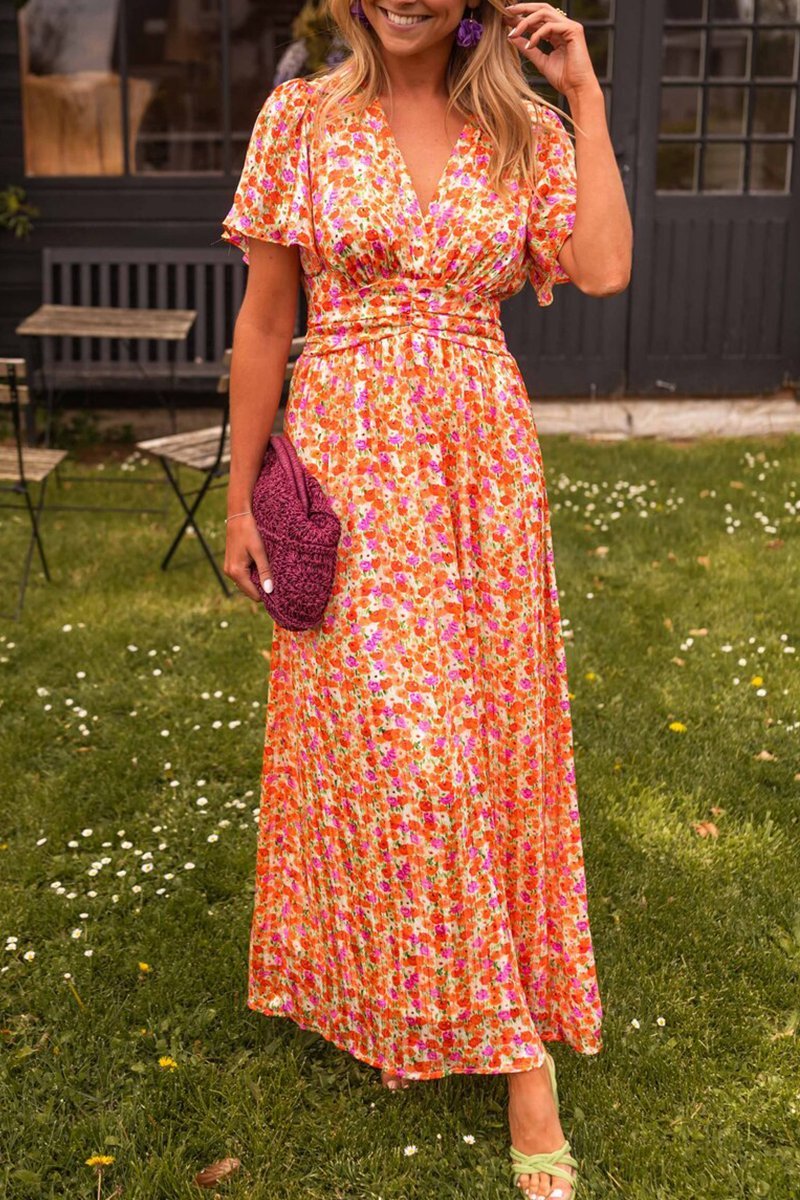 Robe longue élégante à motif fleuri avec coupe aérienne