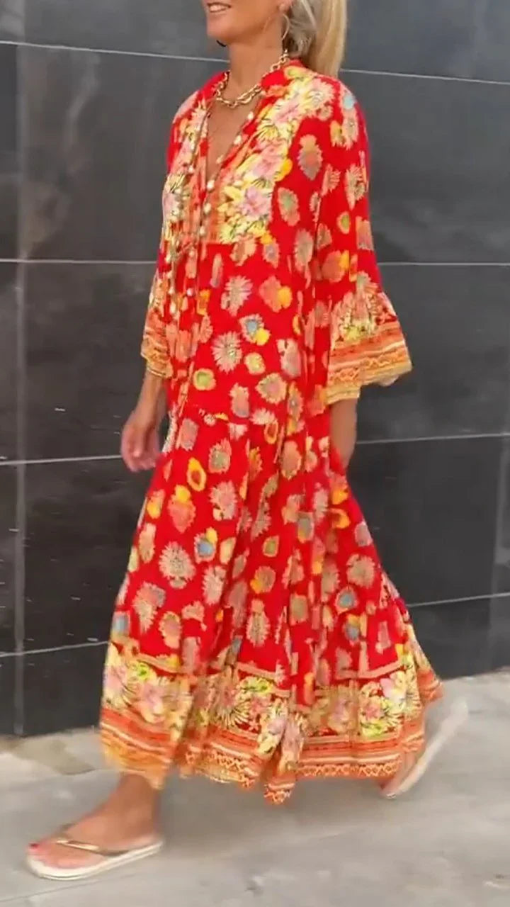 Gisela - Robe à manches longues avec décolleté en V et motif rétro