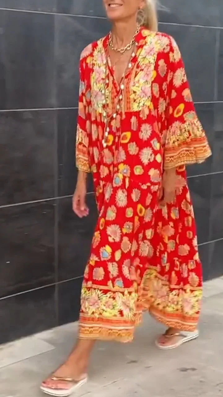 Gisela - Robe à manches longues avec décolleté en V et motif rétro