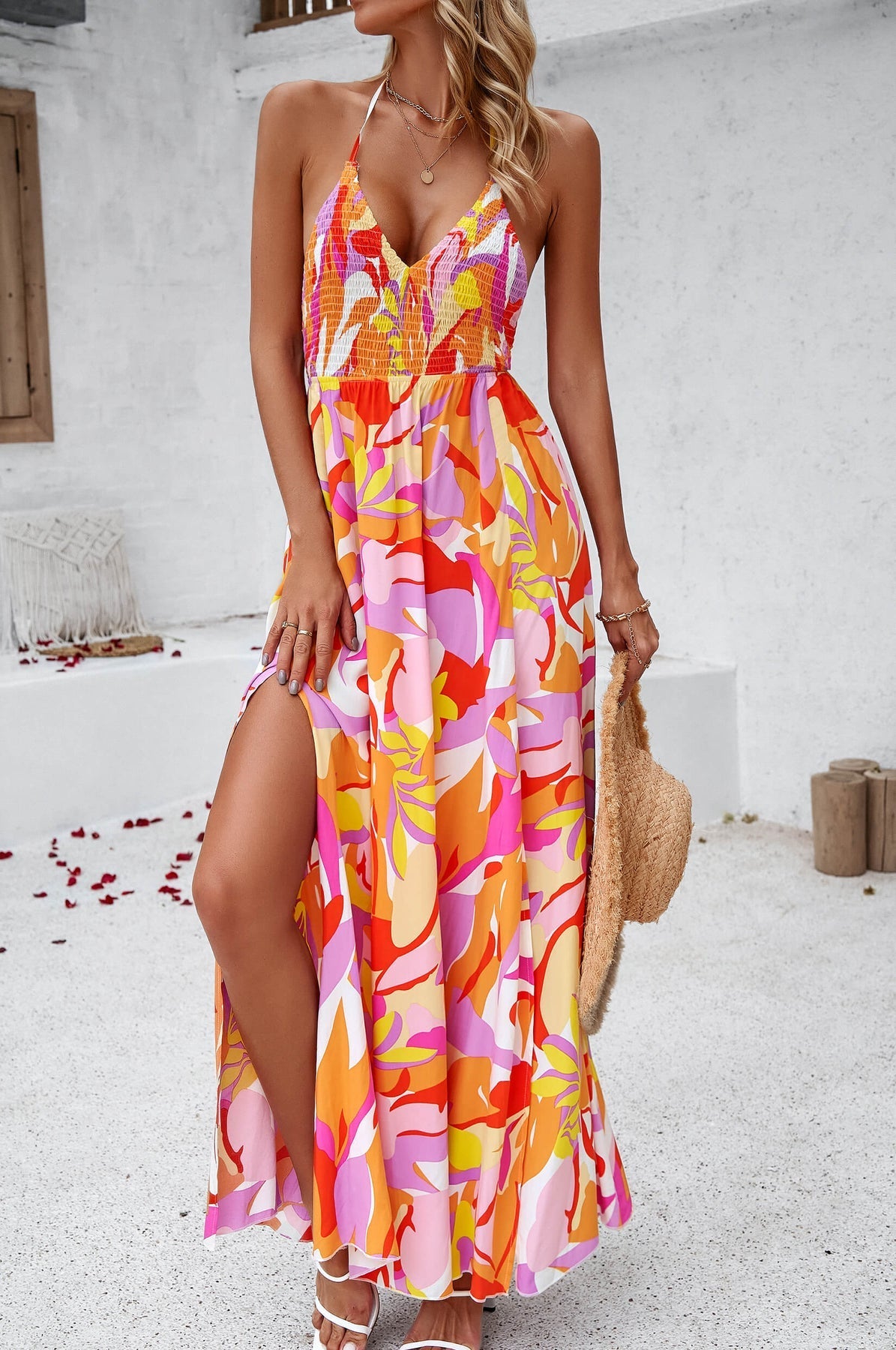 Hawaii - Robe longue dos nu à imprimé floral avec nœud dans le dos - Orange