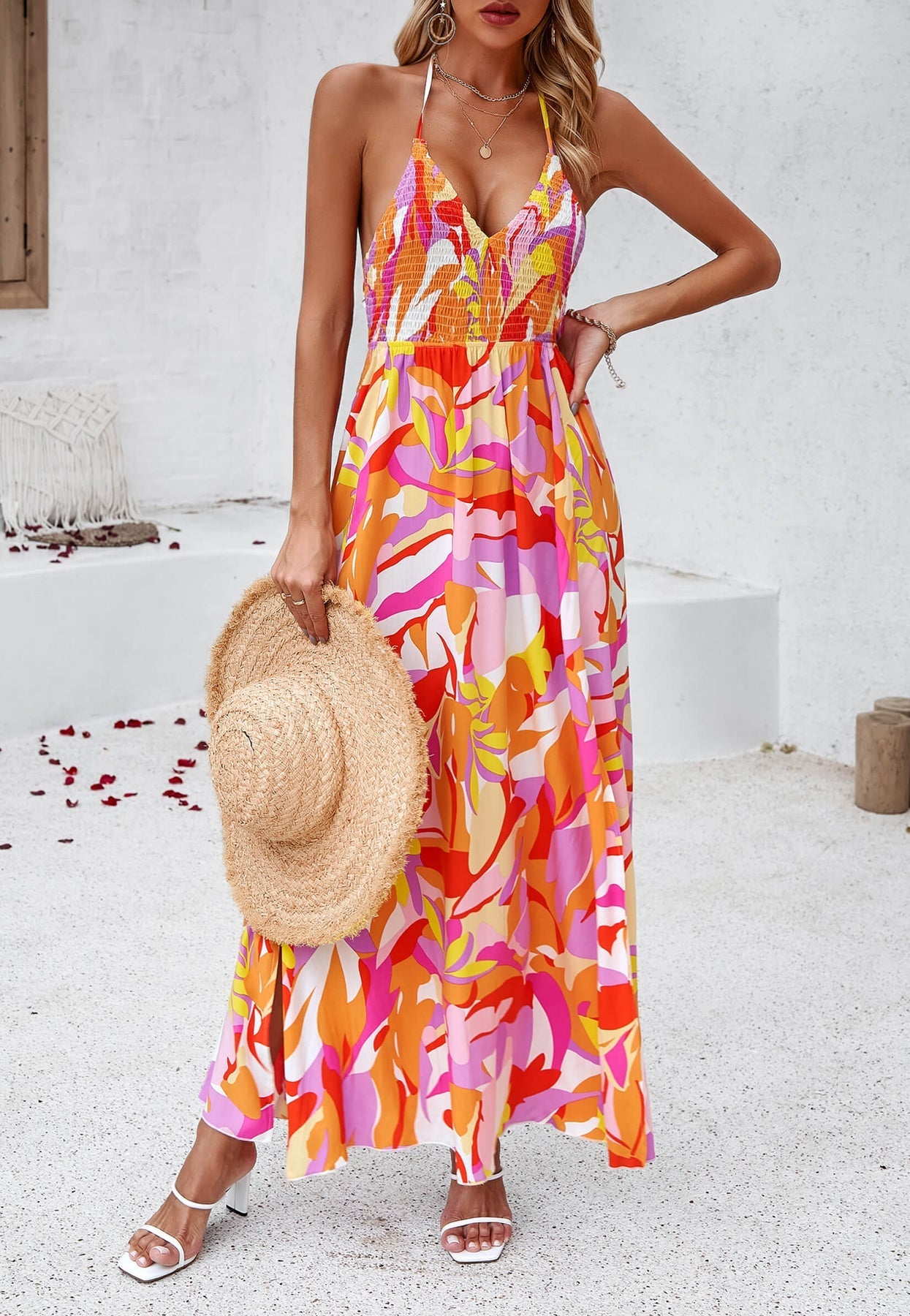 Hawaii - Robe longue dos nu à imprimé floral avec nœud dans le dos - Orange