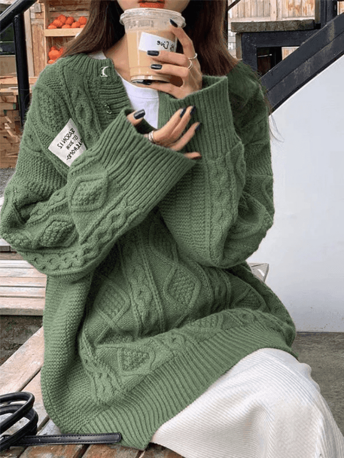 Pull Oversized en Maille à Câble avec Col V pour un Confort Chic