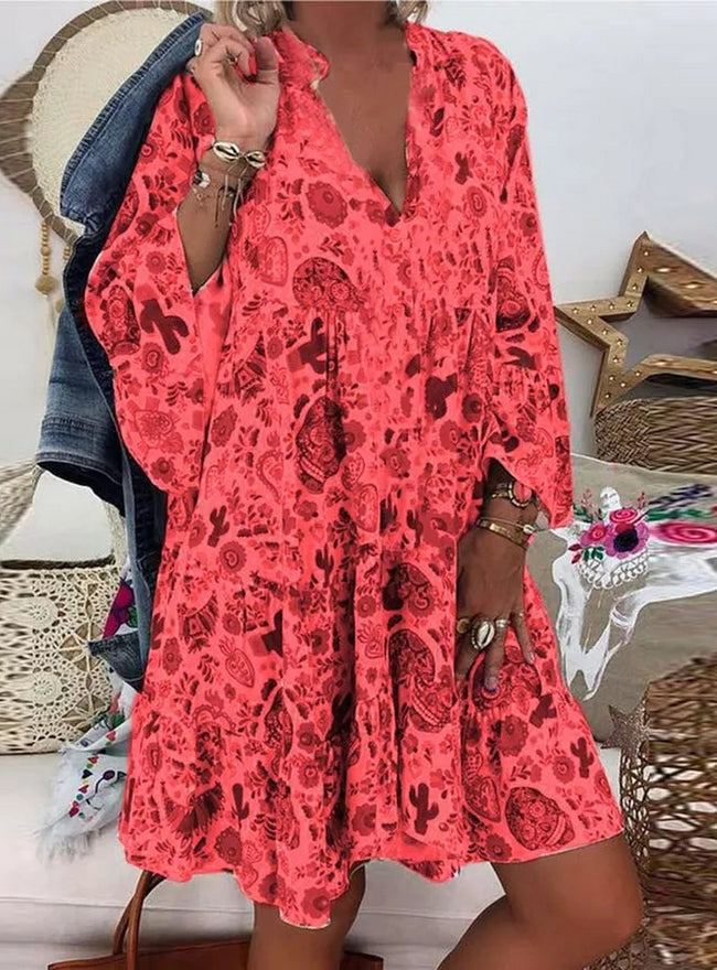 Robe courte évasée avec imprimé élégant et manches longues