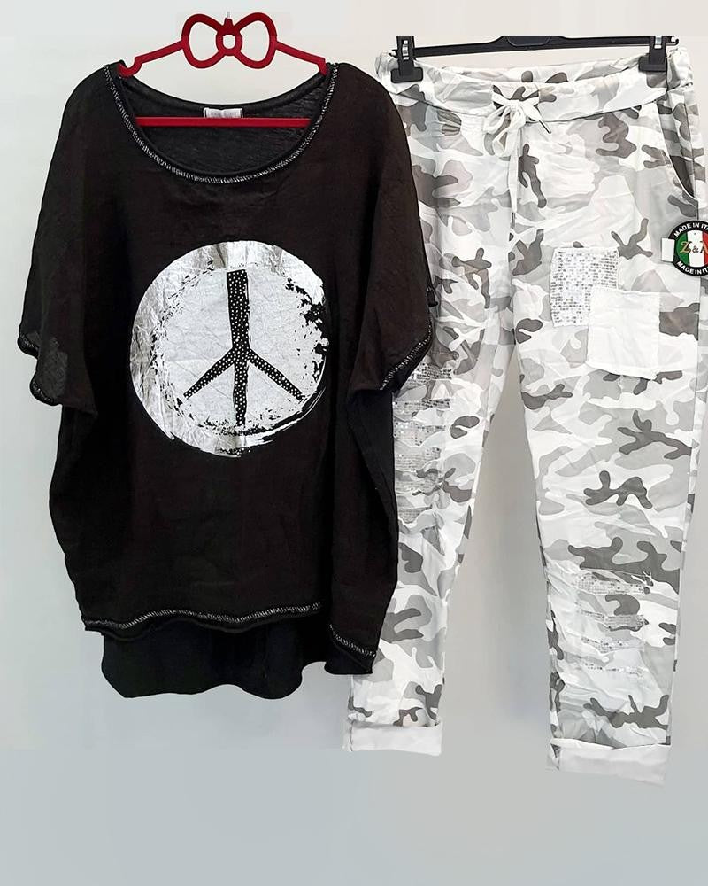 Costume deux pièces décontracté à imprimé camouflage pour femme