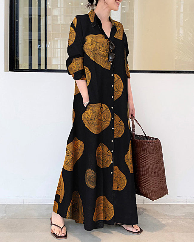 Long Sleeve Linen Color Block Print Contrast Loose Plus Size Maxi Dresses