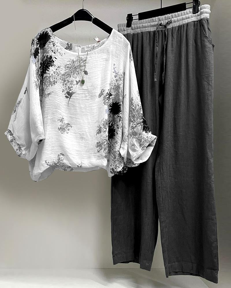 Ensemble deux pièces casual femme coton et lin imprimé fleuri